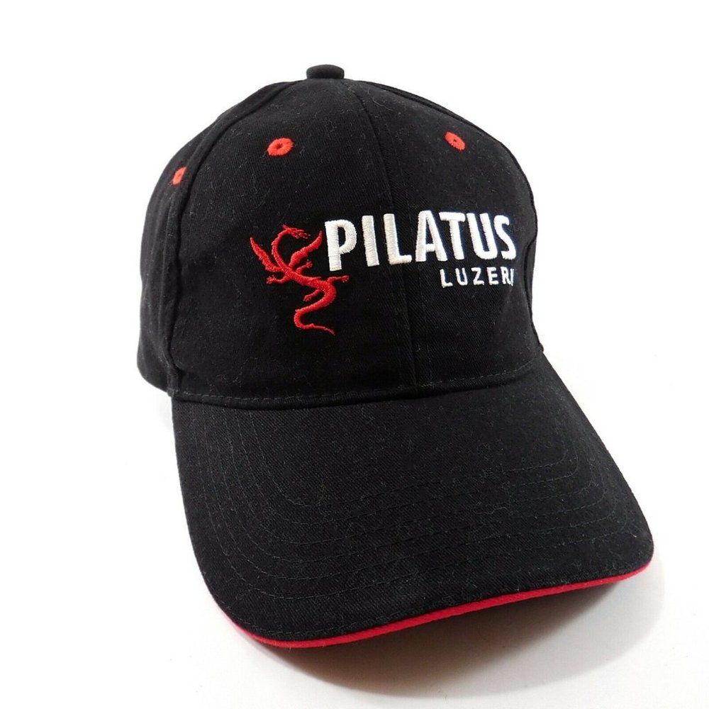 PILATUS LUZERN Switzerland Globus Black Adj Strapback Baseball Cap Red Dragon
